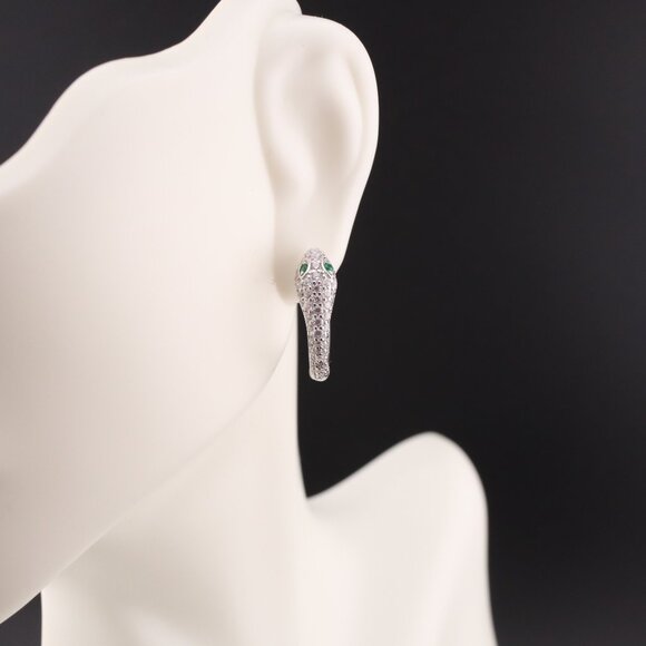 Women's Sterling Silver Snake Hoop Earrings with Green CZ Eyes Unique & Bold ** - Picture 9 of 9